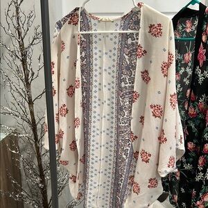 Forever 21 Floral Kimono Cardigan - Cream and Red